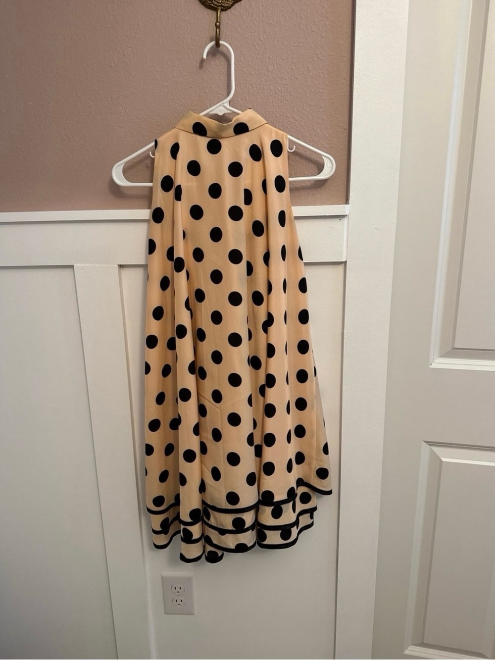 Beige Polka Dot Sleeveless Midi Dress with Black Trim